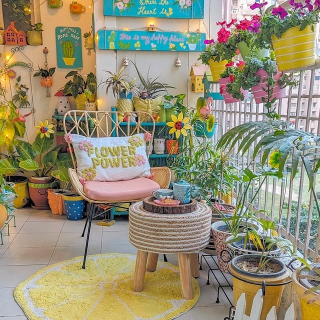 Boho balcony with earthy color palette