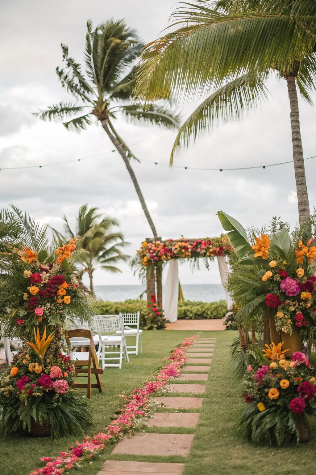 Tropical wedding theme bursting with vibrant colors and exotic flora.