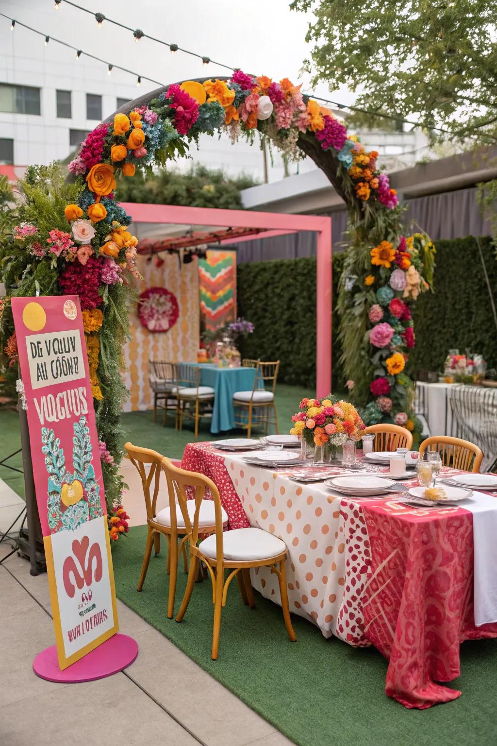 Whimsical wedding theme with colorful and eclectic elements.