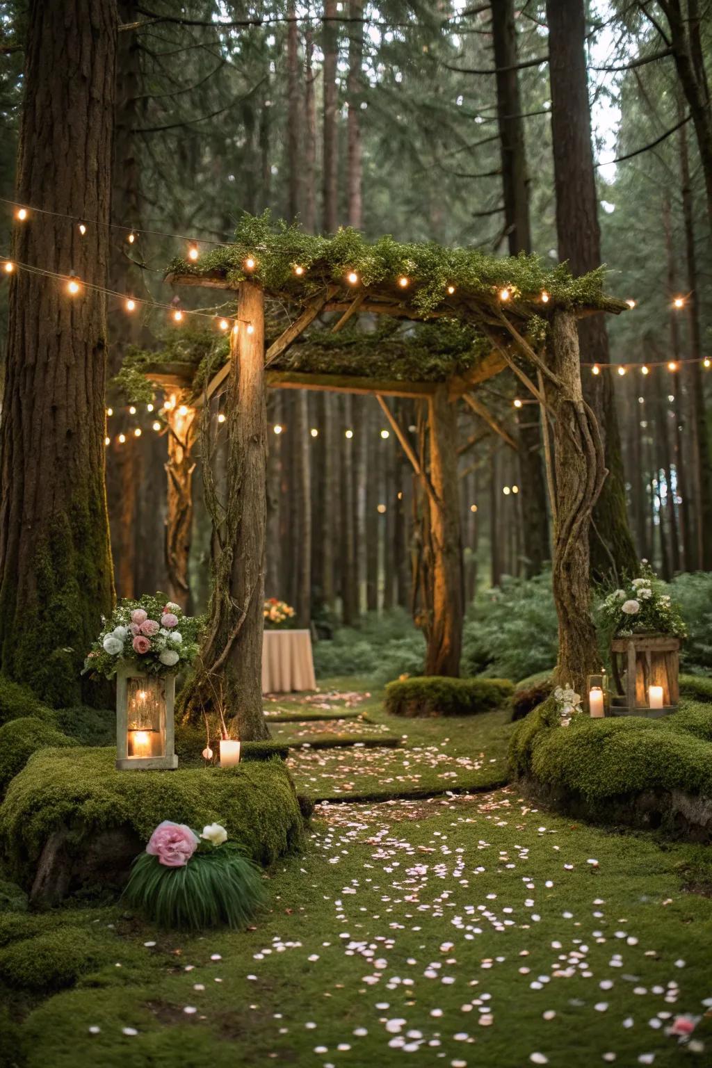 Enchanted forest wedding theme with lush greenery and twinkling lights.