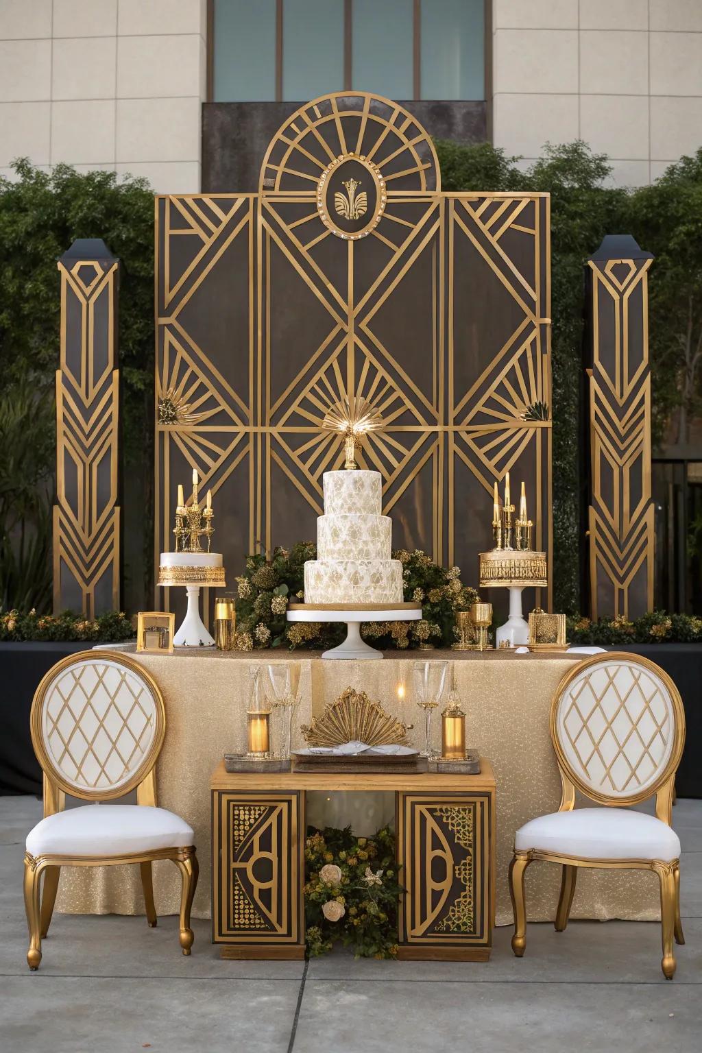 Art deco wedding theme with luxurious details and geometric patterns.