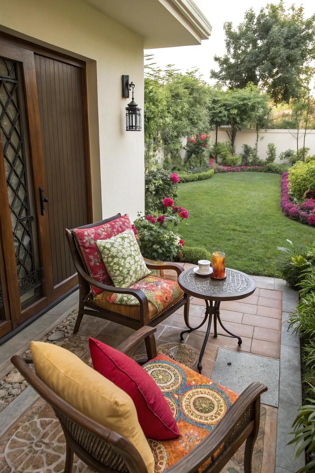 Cozy seating nook on a small patio with plush cushions.