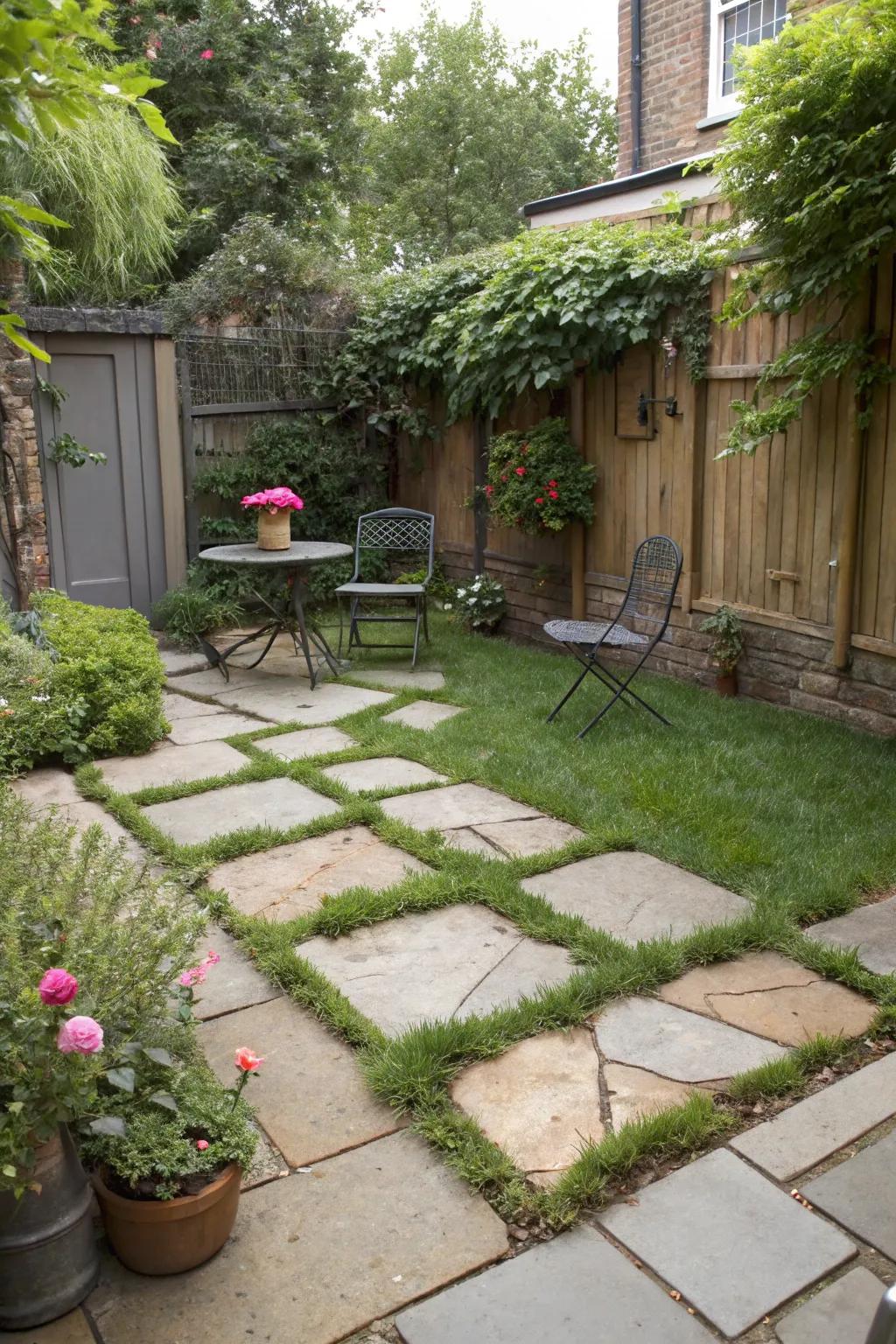 Small patio combining stone pavers and grass for a natural feel.