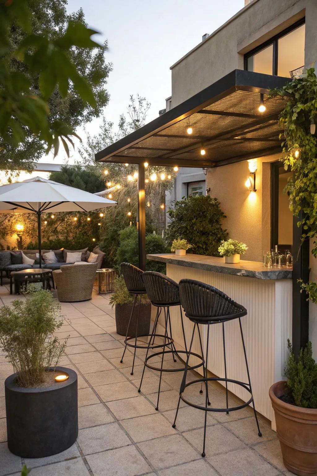 Small patio with a stylish bar area for social gatherings.