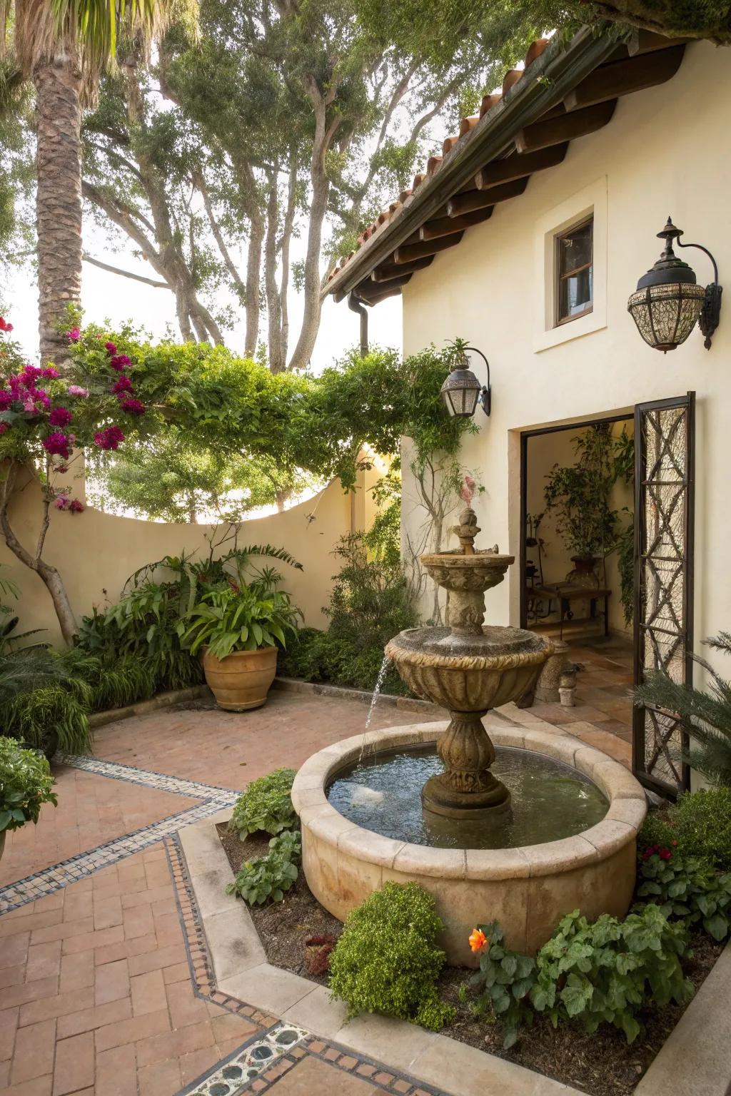 Small patio featuring a calming water fountain for serenity.