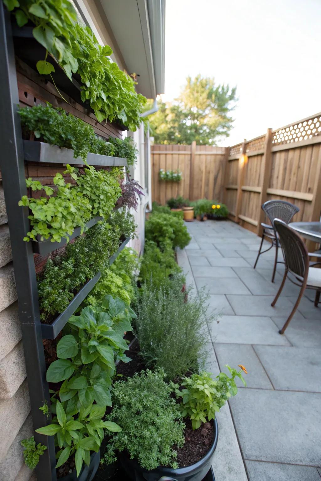 Small patio featuring a vertical herb garden for fresh culinary use.