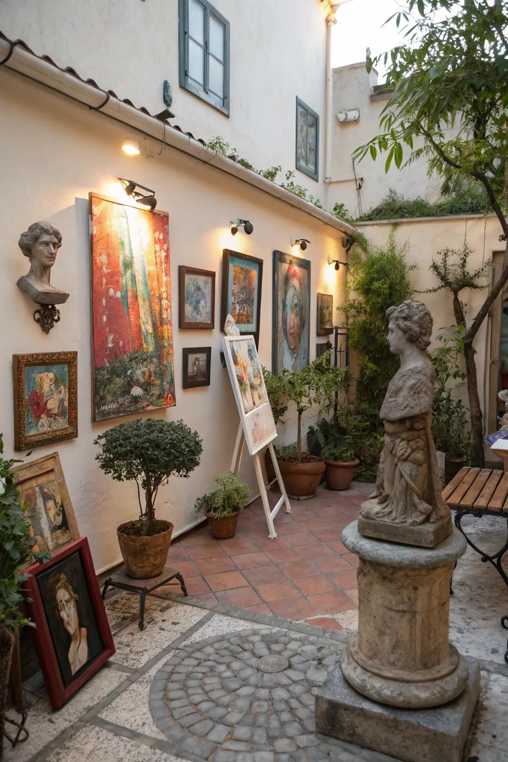Small patio showcasing an outdoor art gallery.