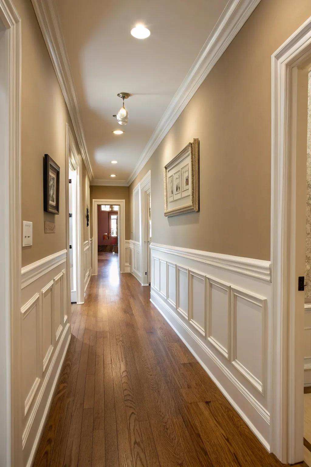 Hallway enhanced with practical and decorative chair rail molding.