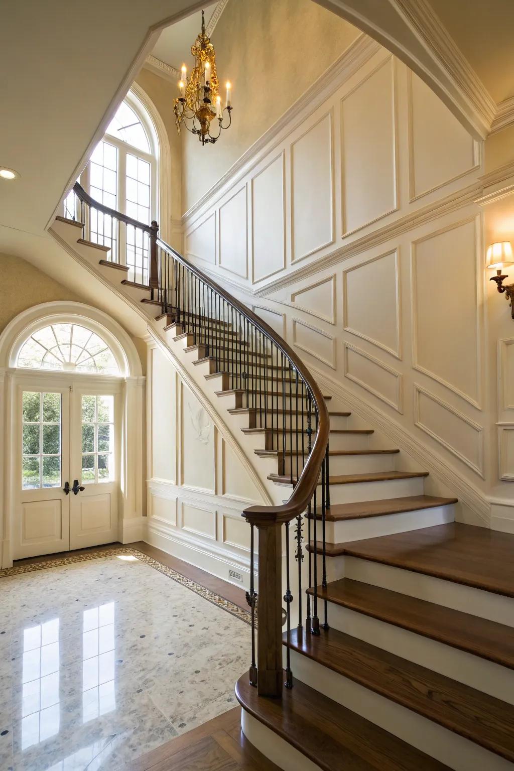 Elegant wall trim flowing along the stairwell for a unified look.