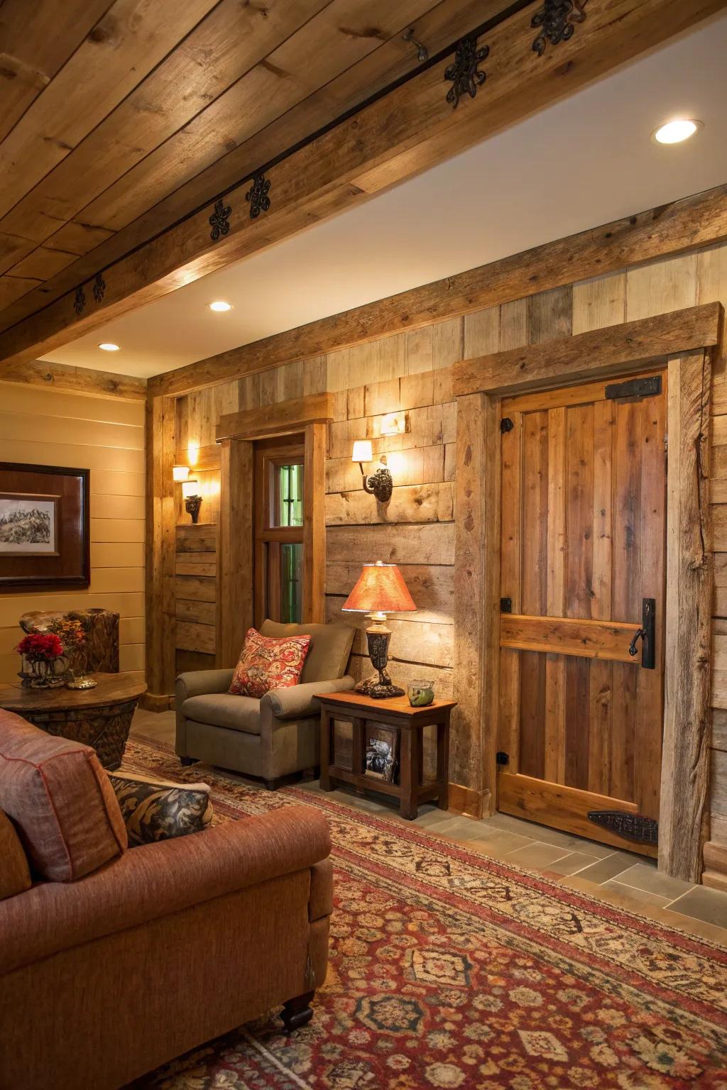 Reclaimed wood trims provide eco-friendly and rustic charm.
