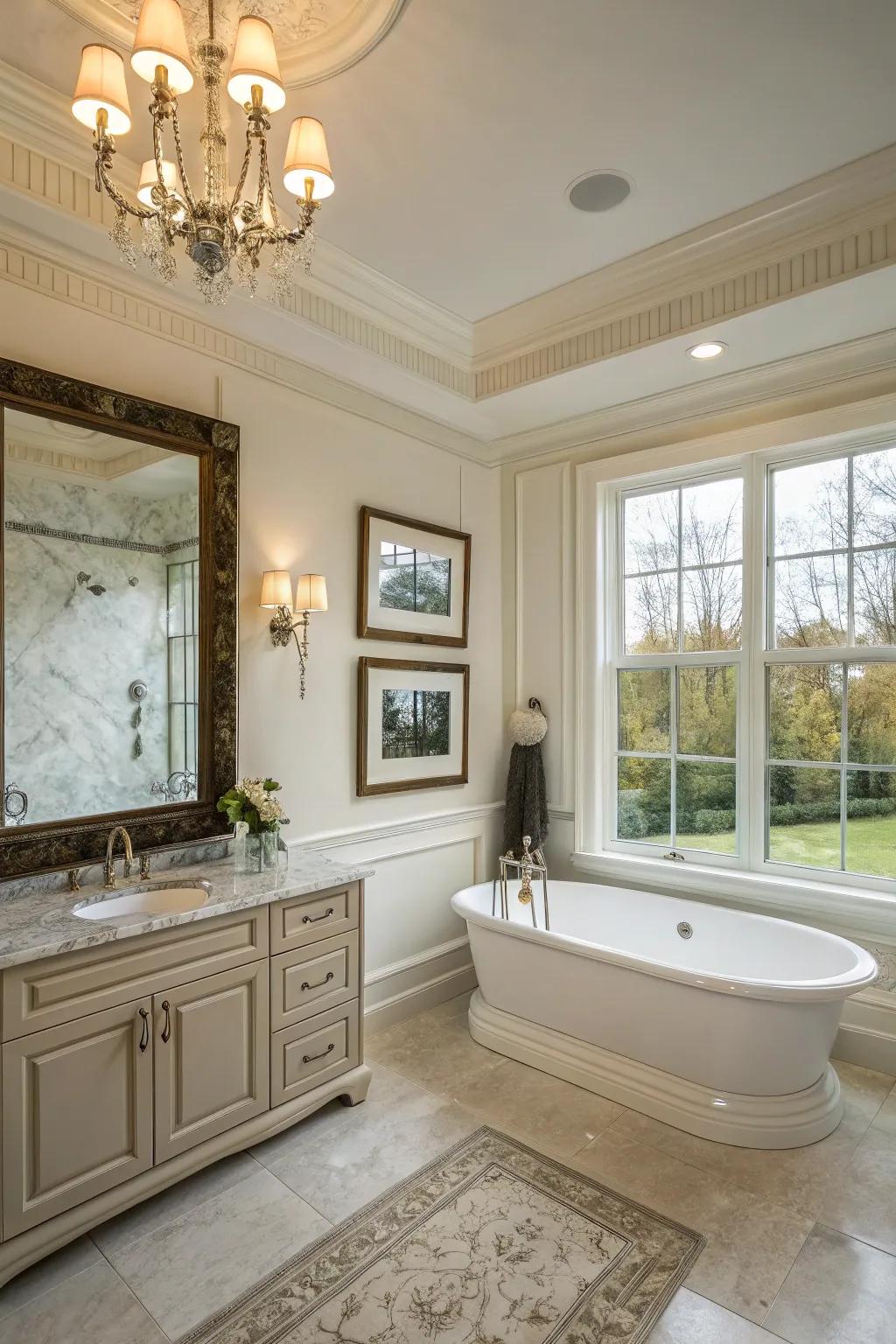 Bathroom enhanced with elegant picture frame molding.