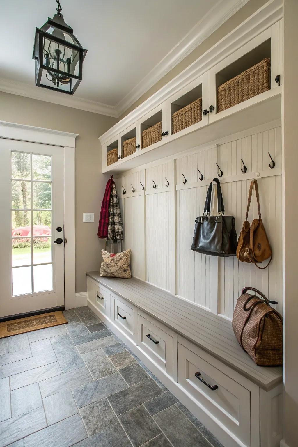 Mudroom featuring a creative blend of beadboard and board and batten trims.