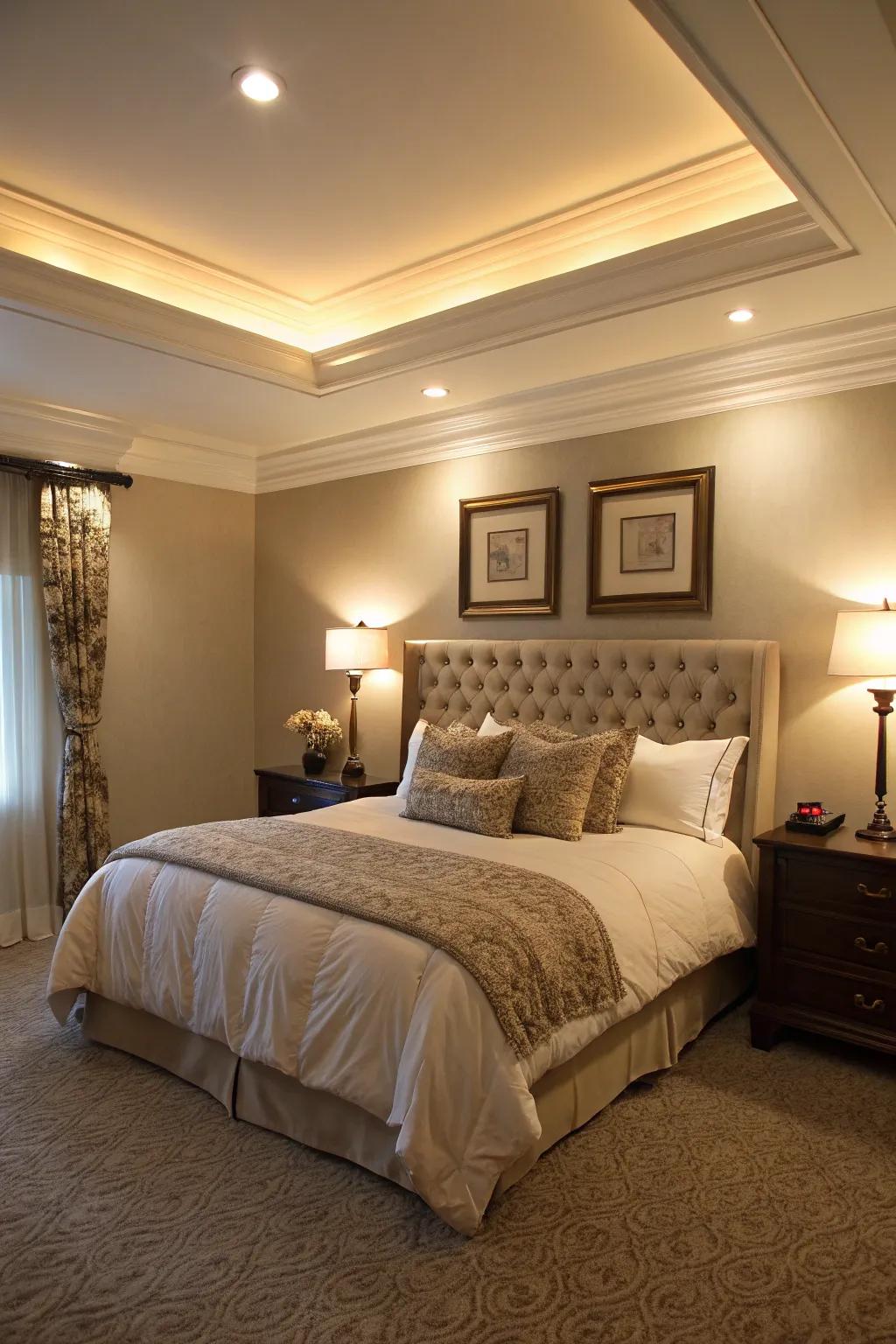 Cozy bedroom enhanced with elegant crown molding.