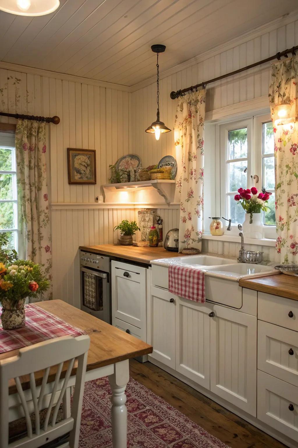 Cozy kitchen featuring classic beadboard wall paneling.