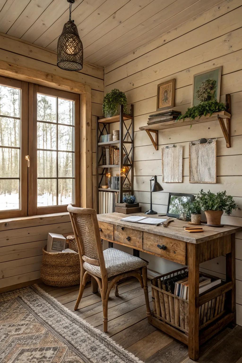 Home office featuring rustic planked walls for a warm atmosphere.