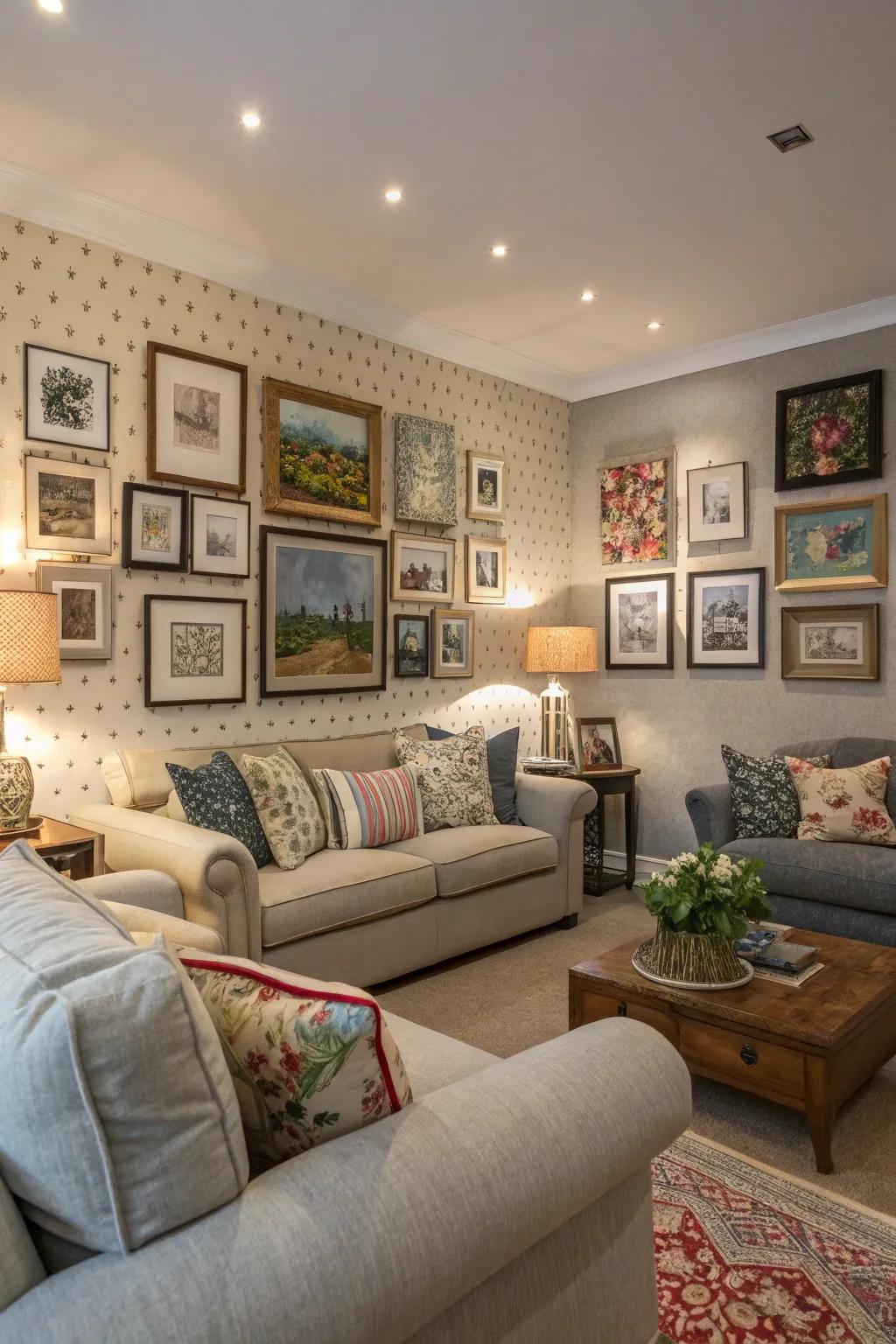 Decorative trims framing a gallery wall in a living room.