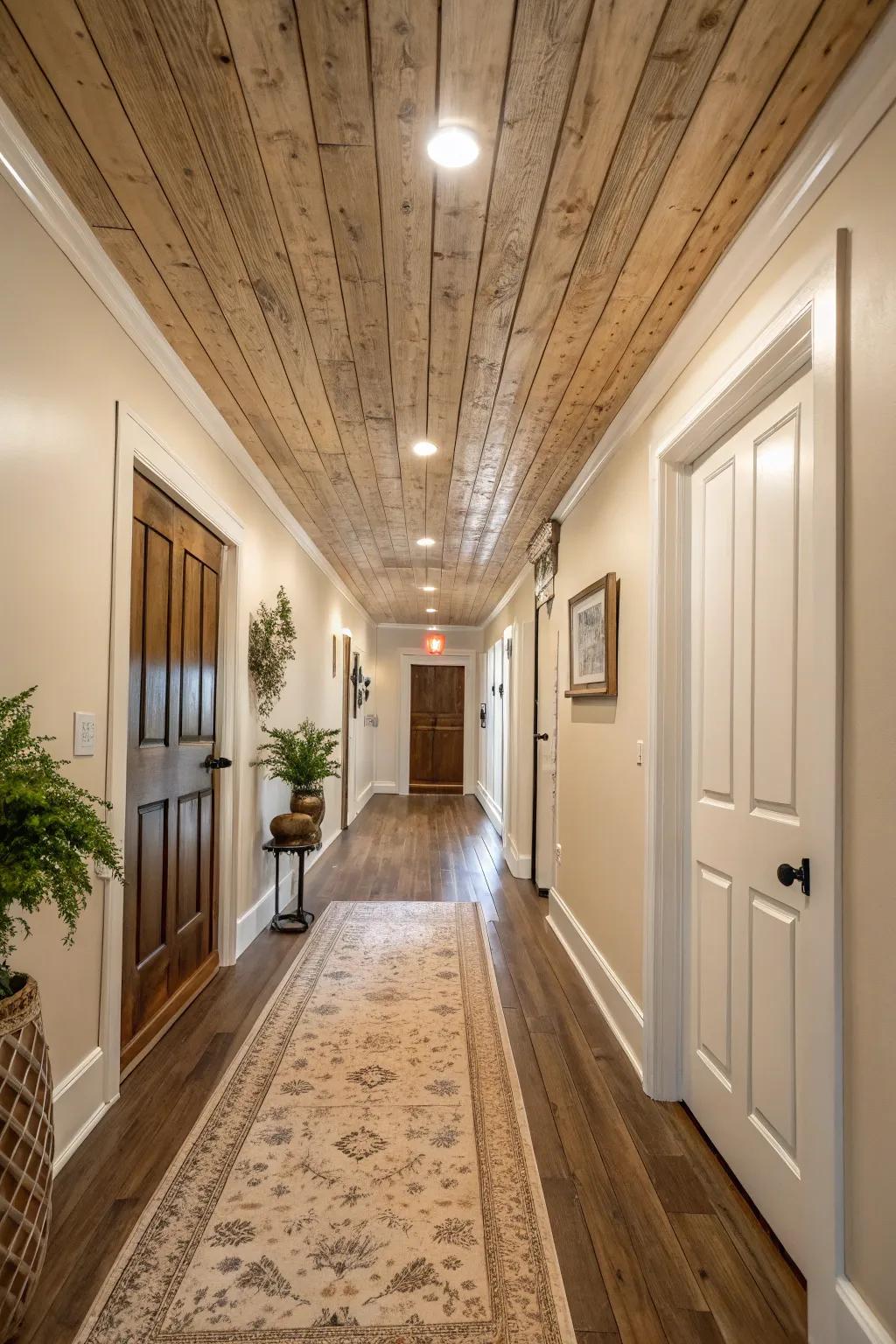 Shiplap ceiling adding farmhouse charm.