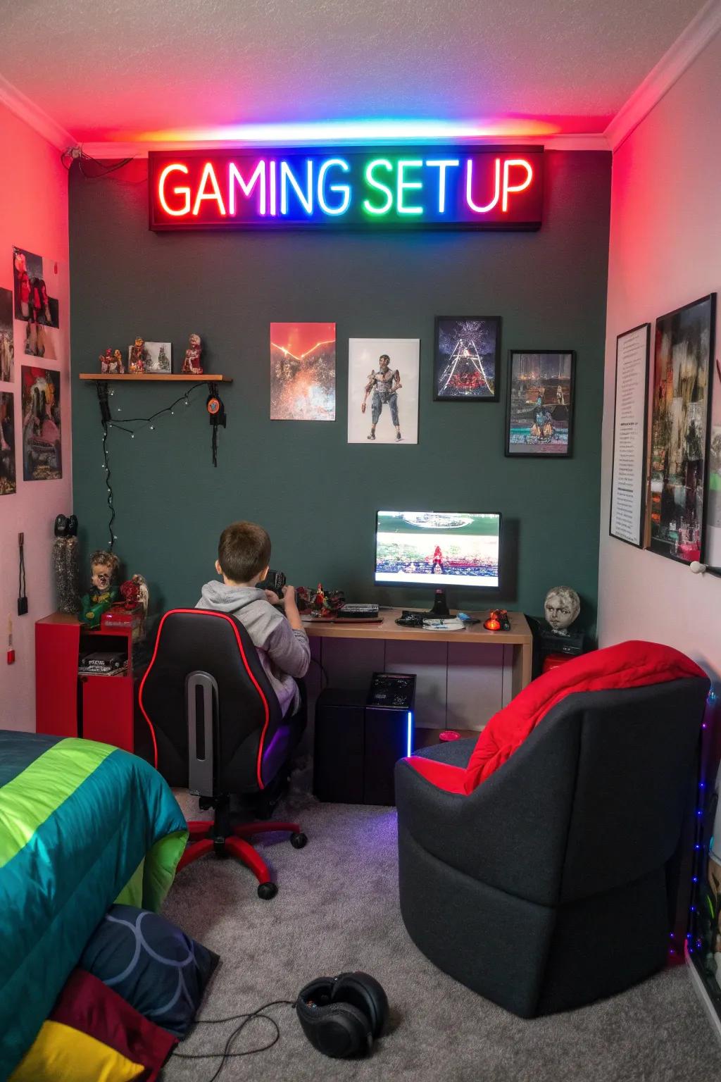 Vibrant neon sign adding energy to the gaming area.