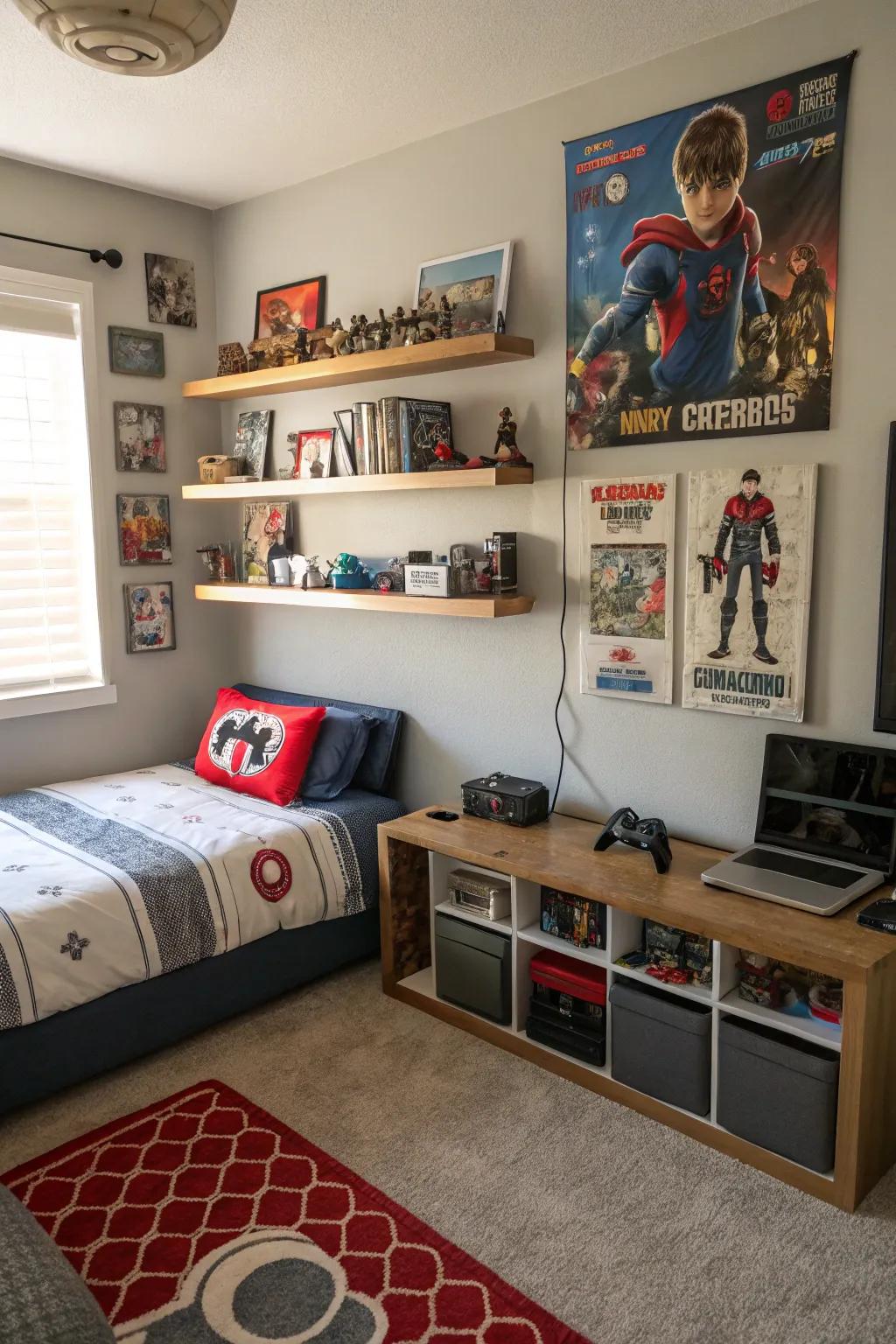 Floating shelves displaying gaming collectibles and trophies.