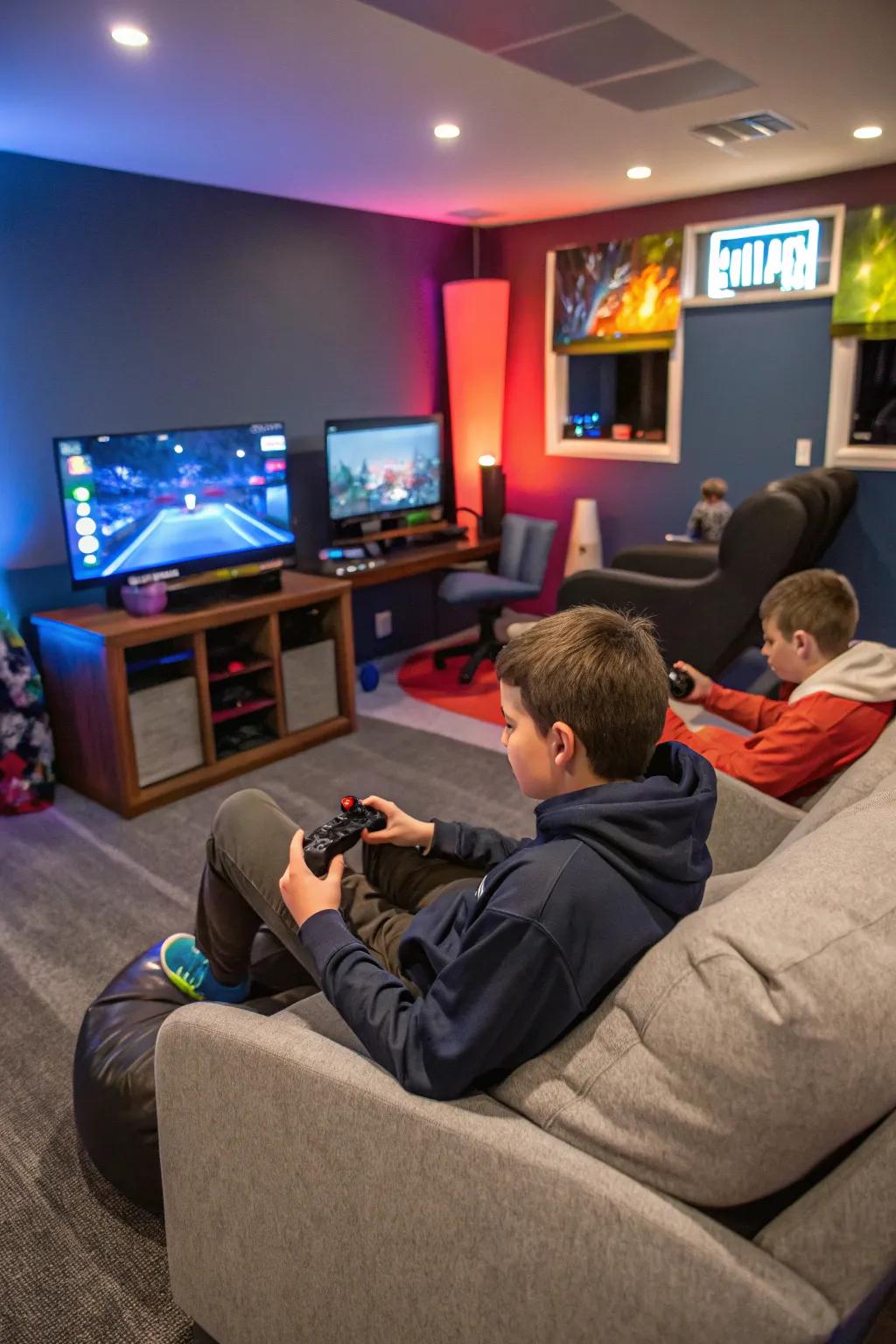 Comfortable lounge area for gaming and socializing.
