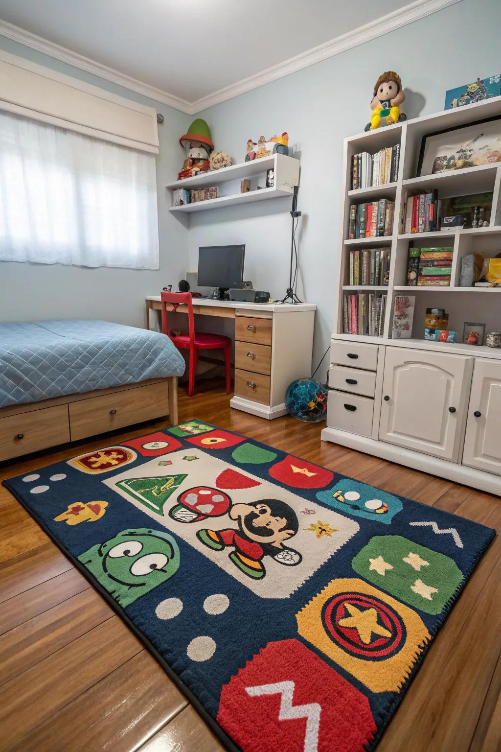 Gaming-themed rug adding comfort and style.