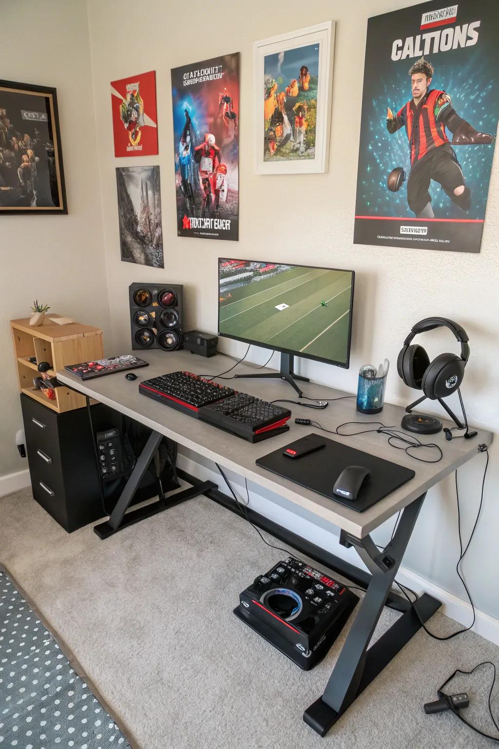 Large gaming desk with cable management for a tidy setup.