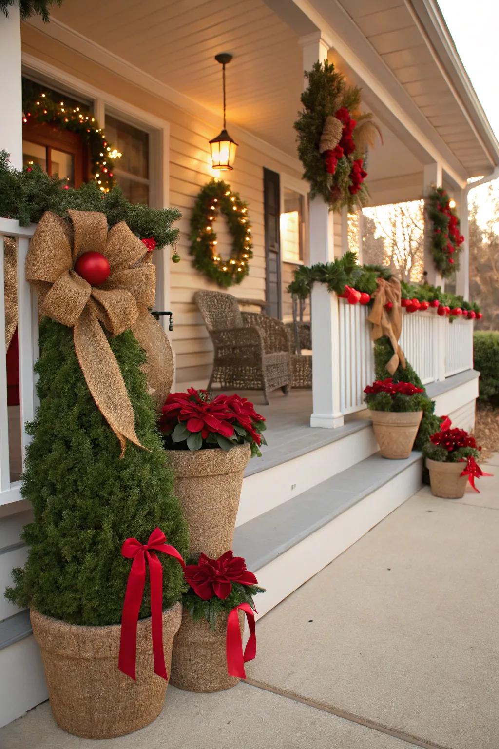 Burlap ribbons adding rustic charm to holiday decor.