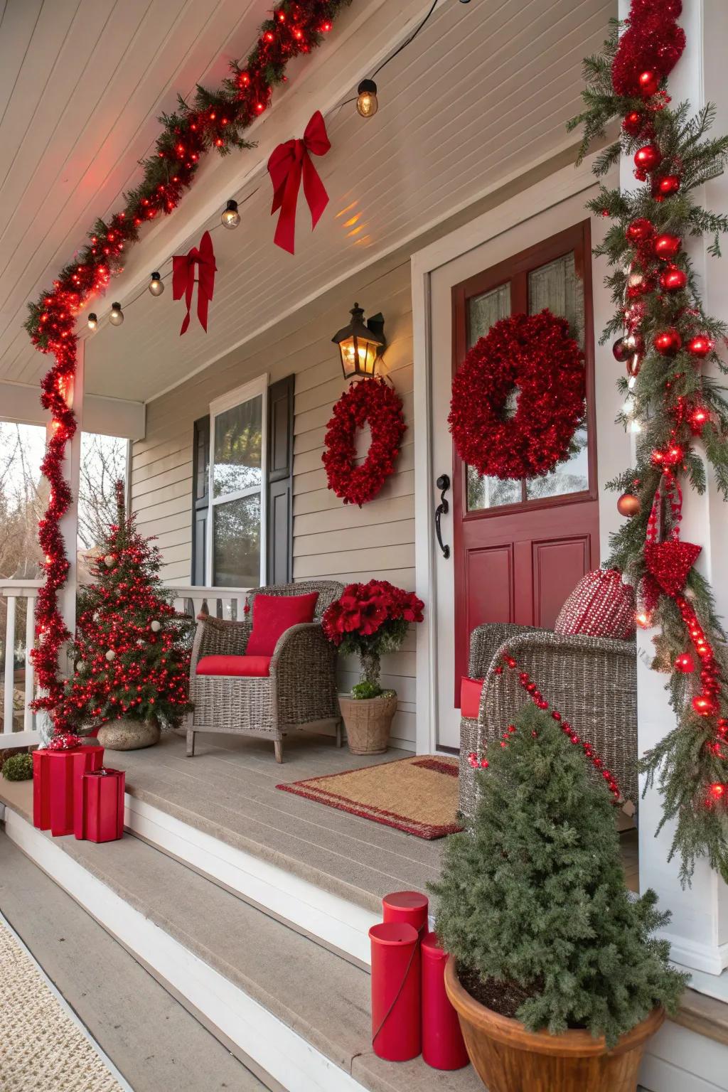 Bright red decorations enliven the porch with festive cheer.