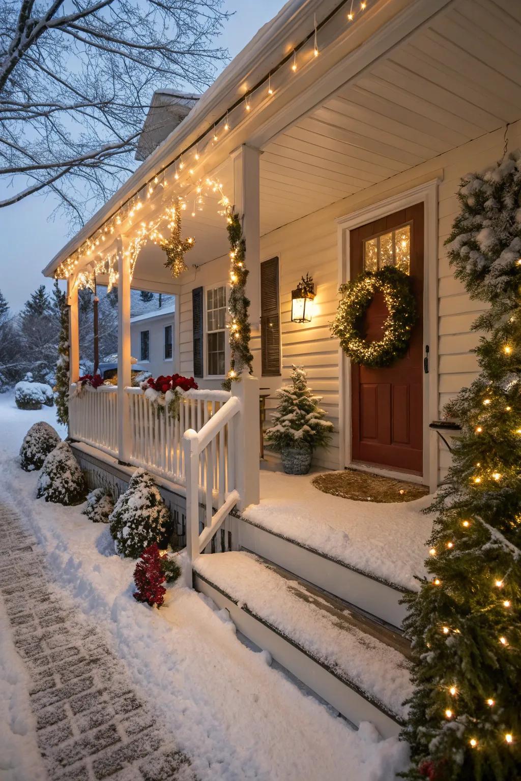 Faux snow sprinkled over porch decorations for a magical effect.