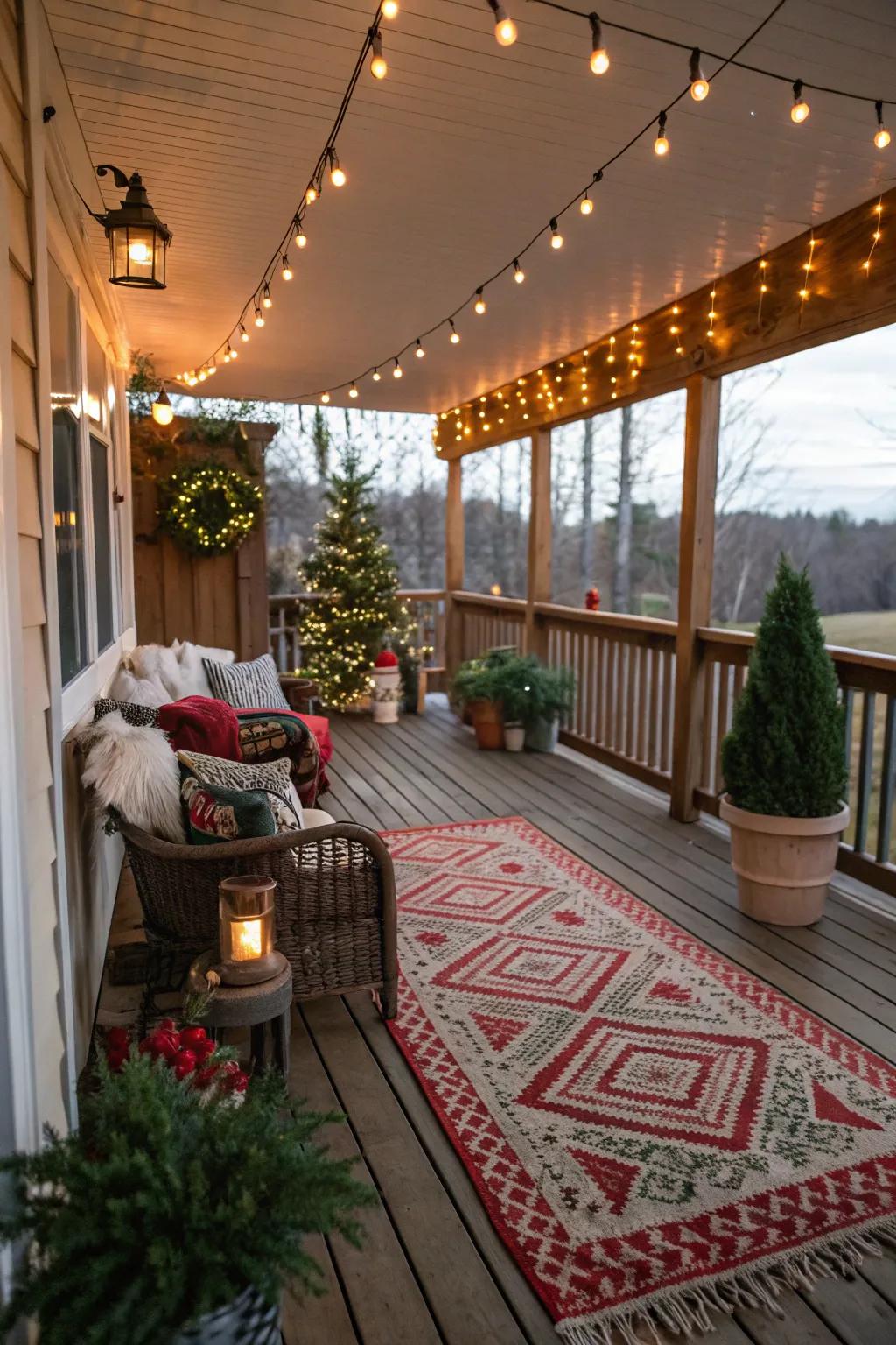 Holiday-themed outdoor rug adding warmth and style.