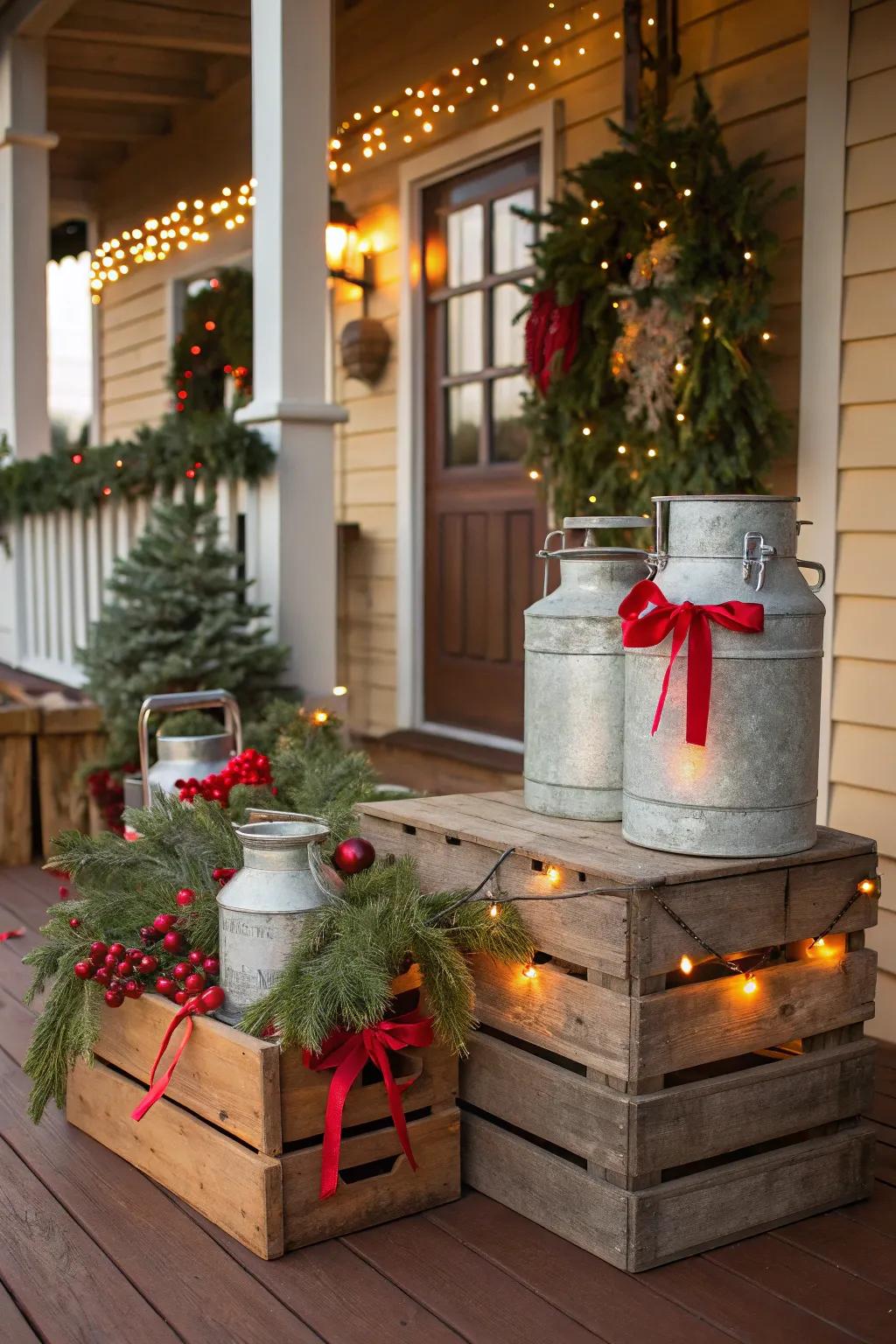 Vintage crates and milk cans adding nostalgic charm.