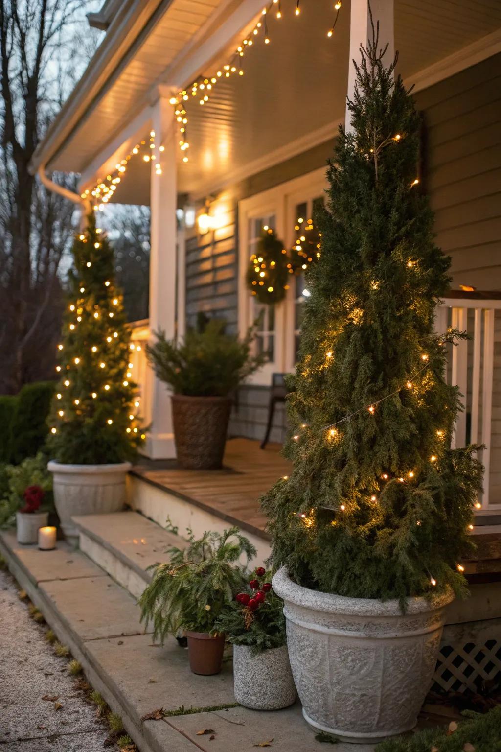 Potted evergreen trees decorated with fairy lights.