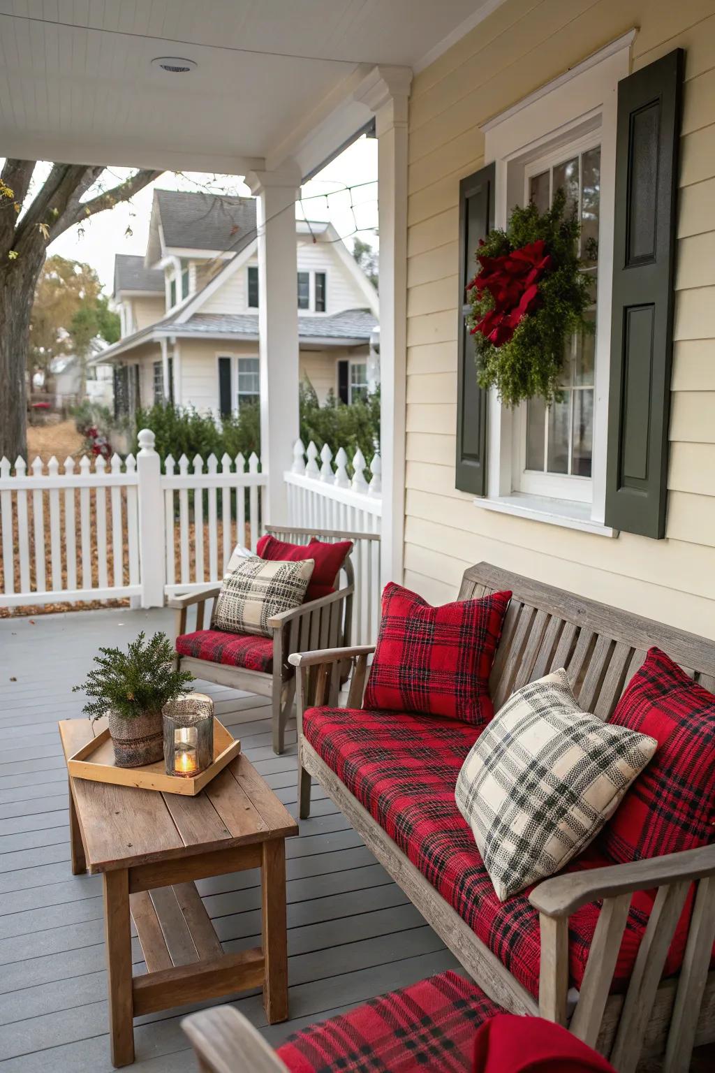 Outdoor seating adorned with holiday-themed pillows.
