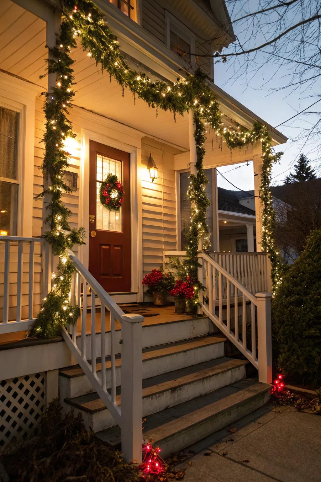 Festive garlands draped over porch railings and doorways.