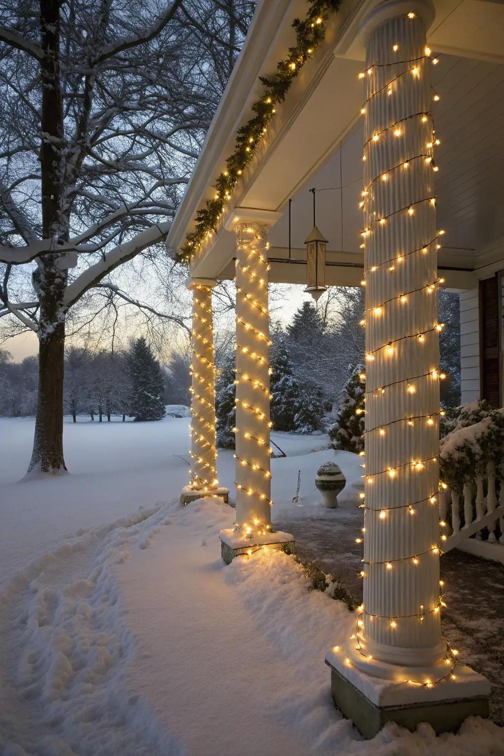 String lights wrapped around porch columns creating a magical glow.
