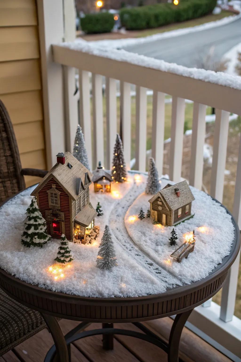 Miniature winter village scene with figurines and faux snow.