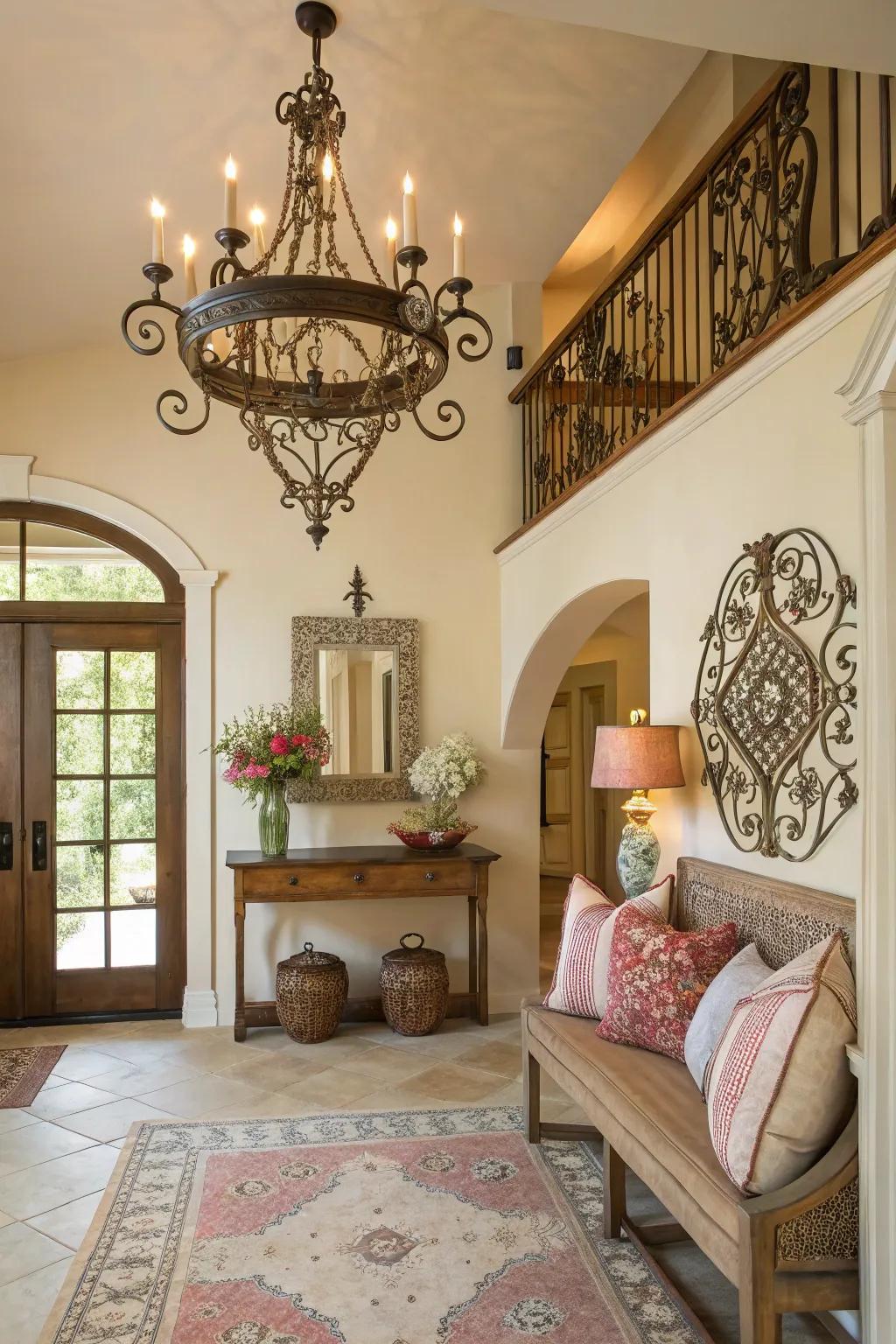 A wrought iron chandelier adds enchanting charm to this inviting entryway.