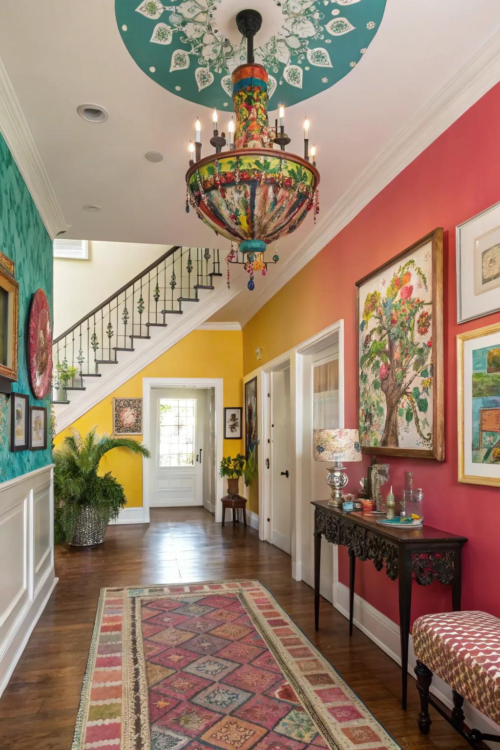 A painted chandelier injects lively color into this energetic foyer.
