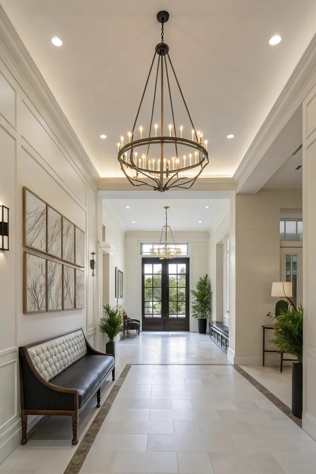 A linear pendant light complements the minimalist design of this foyer.