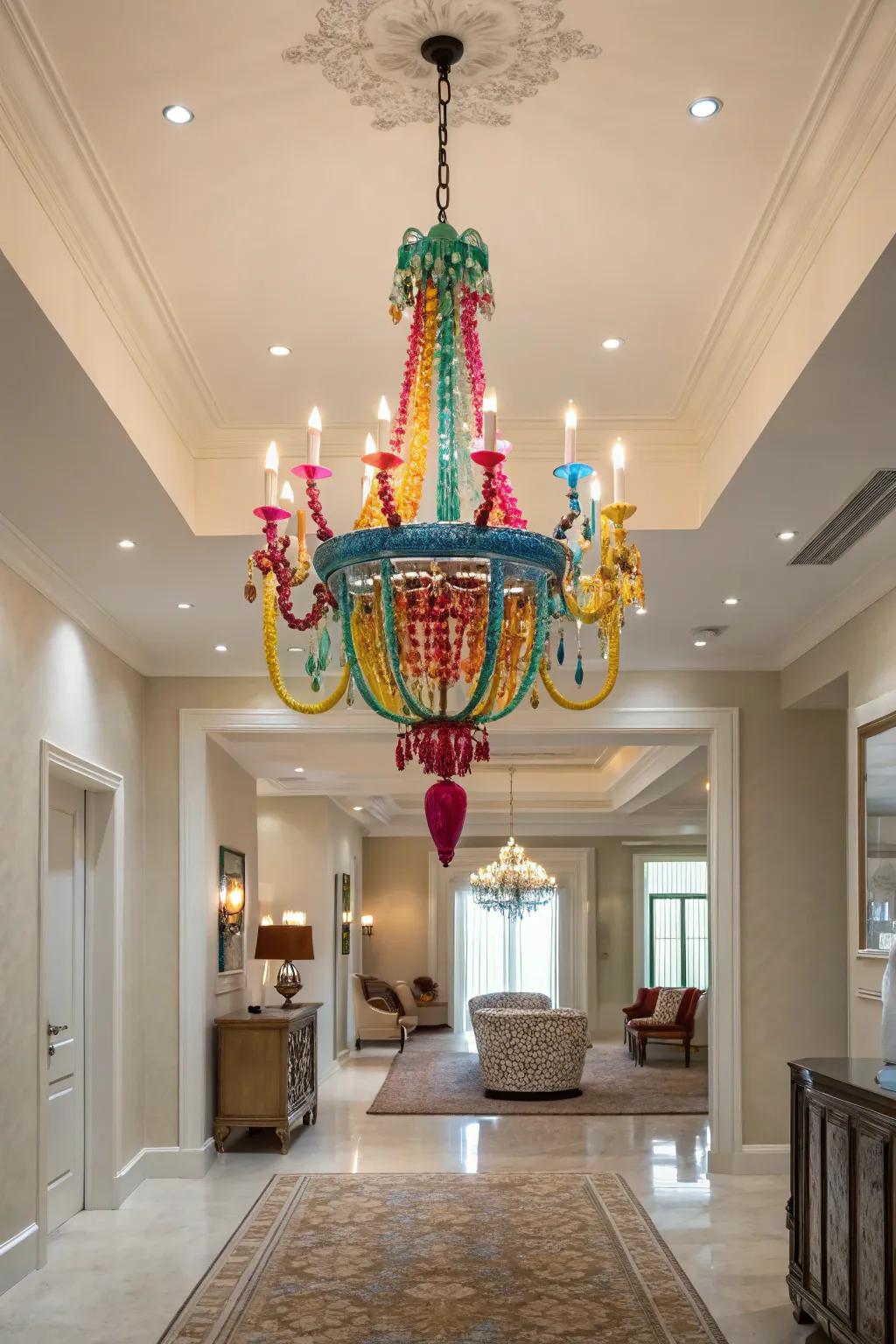 A colorful chandelier injects playful energy into this neutral foyer.