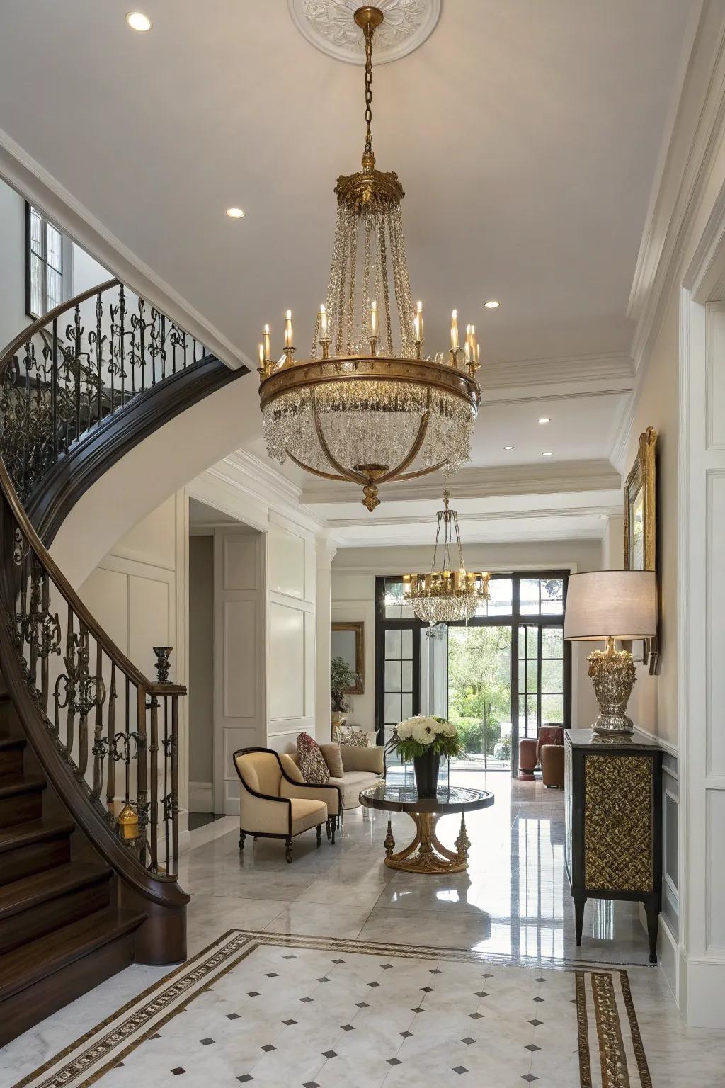 An aged brass chandelier exudes sculptural elegance in this refined foyer.