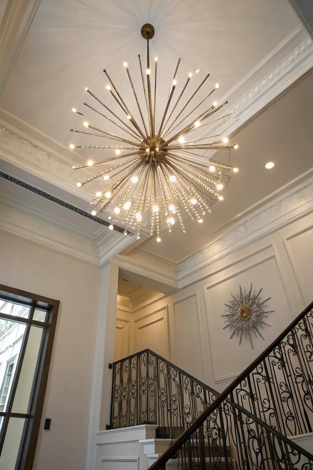 A sputnik chandelier introduces dynamic artistry to this entryway.