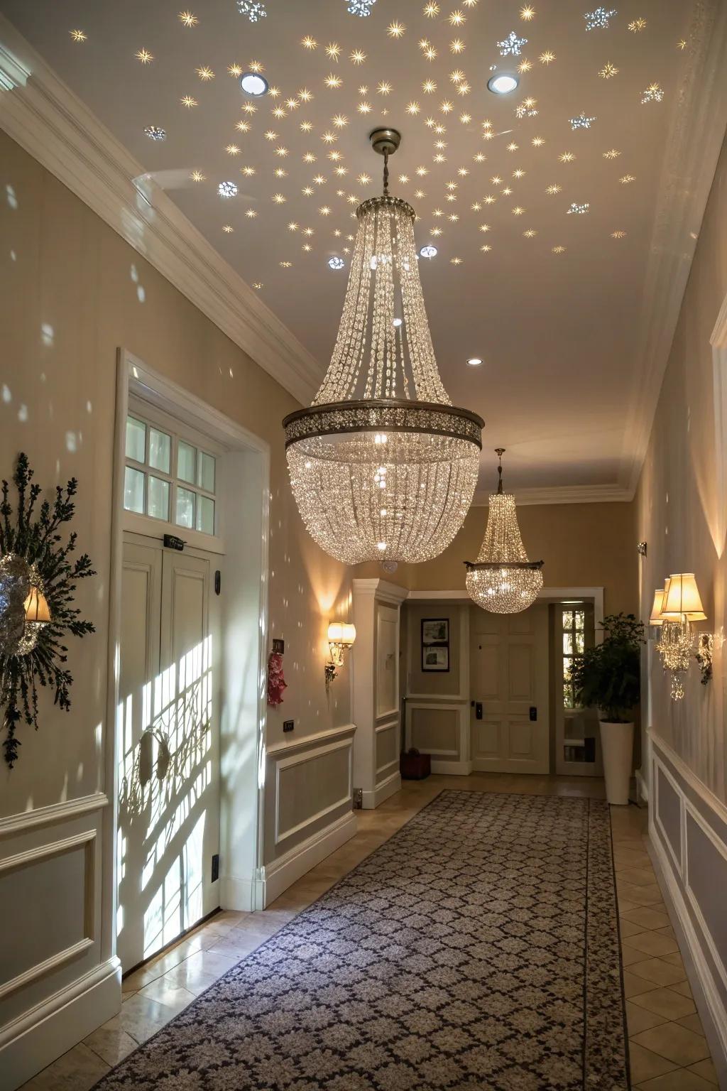 A beaded chandelier adds sparkle and charm to this welcoming foyer.