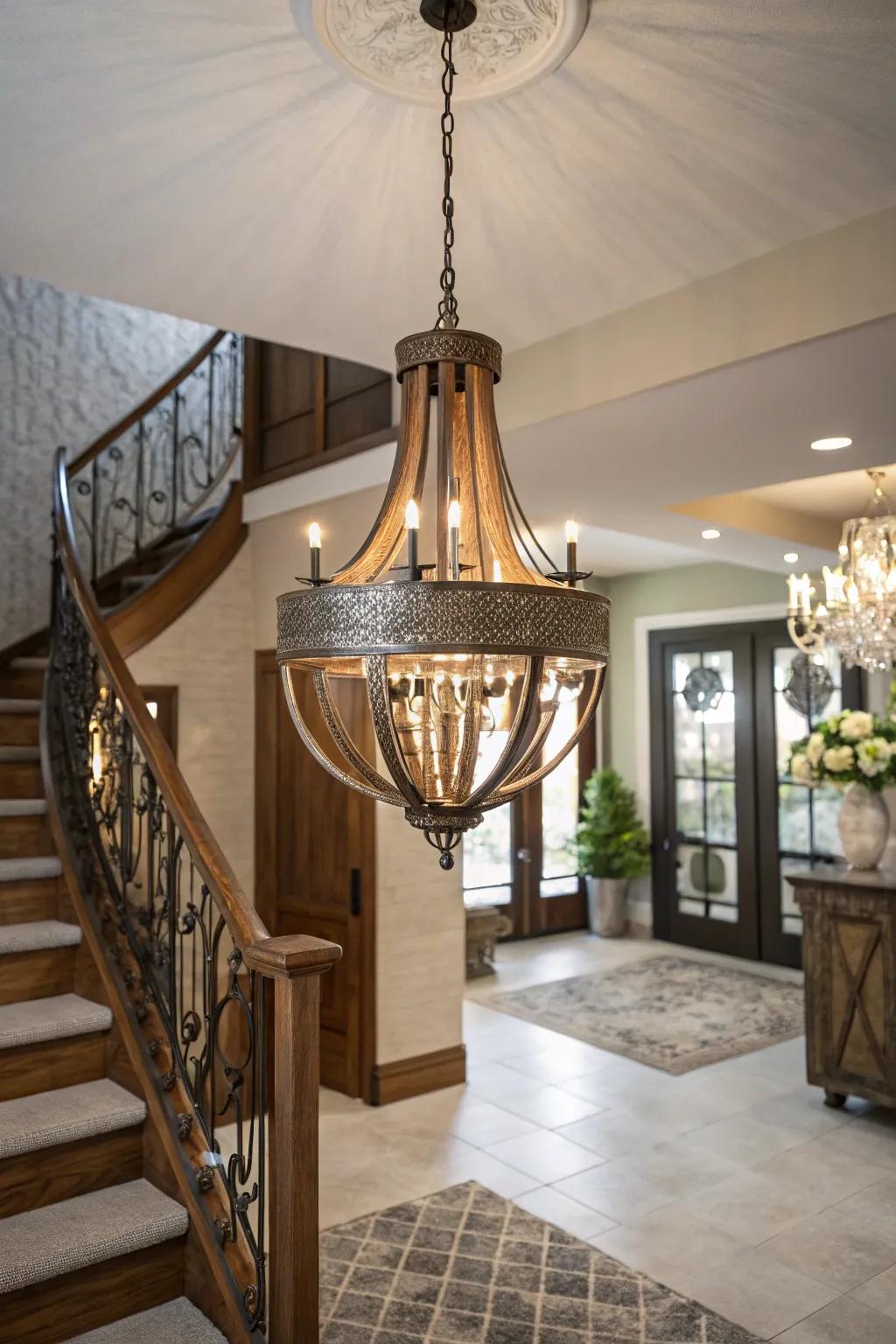 A mixed-material chandelier blends styles in this transitional foyer.