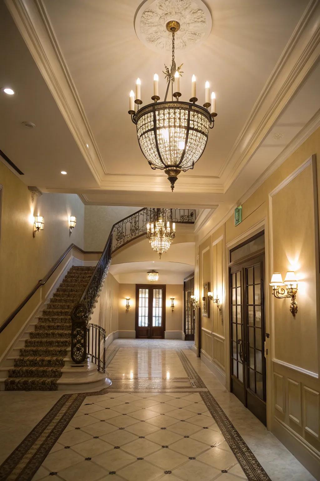 Layered lighting with complementary fixtures enhances the warmth of this foyer.