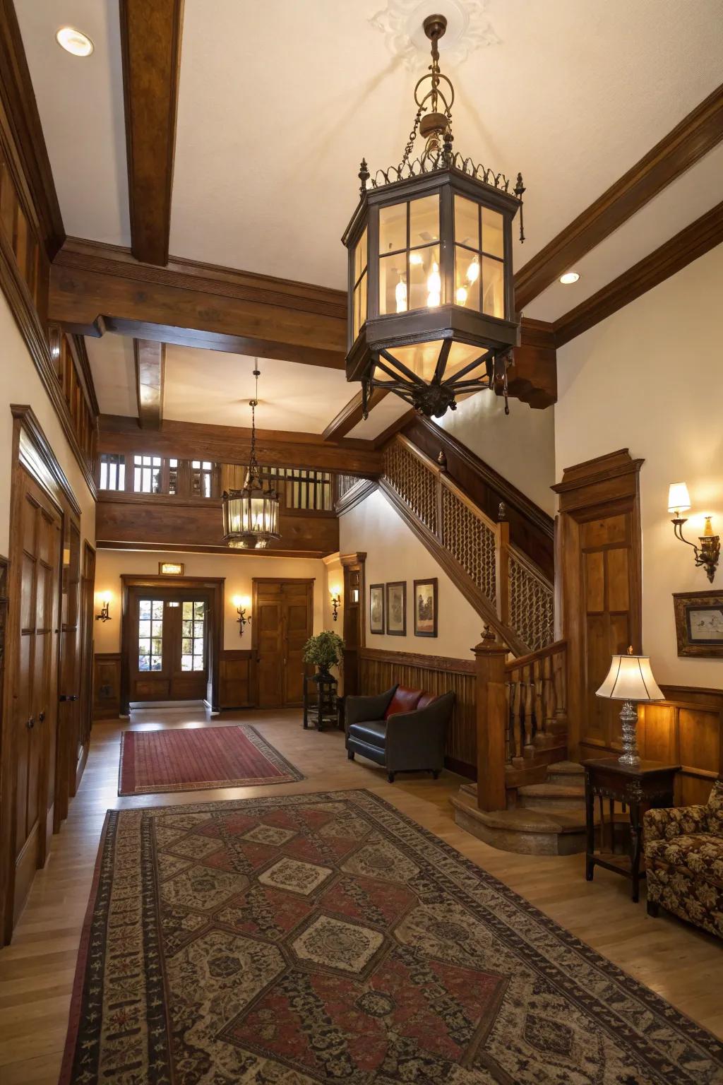 A lantern chandelier adds classic elegance to this inviting entryway.