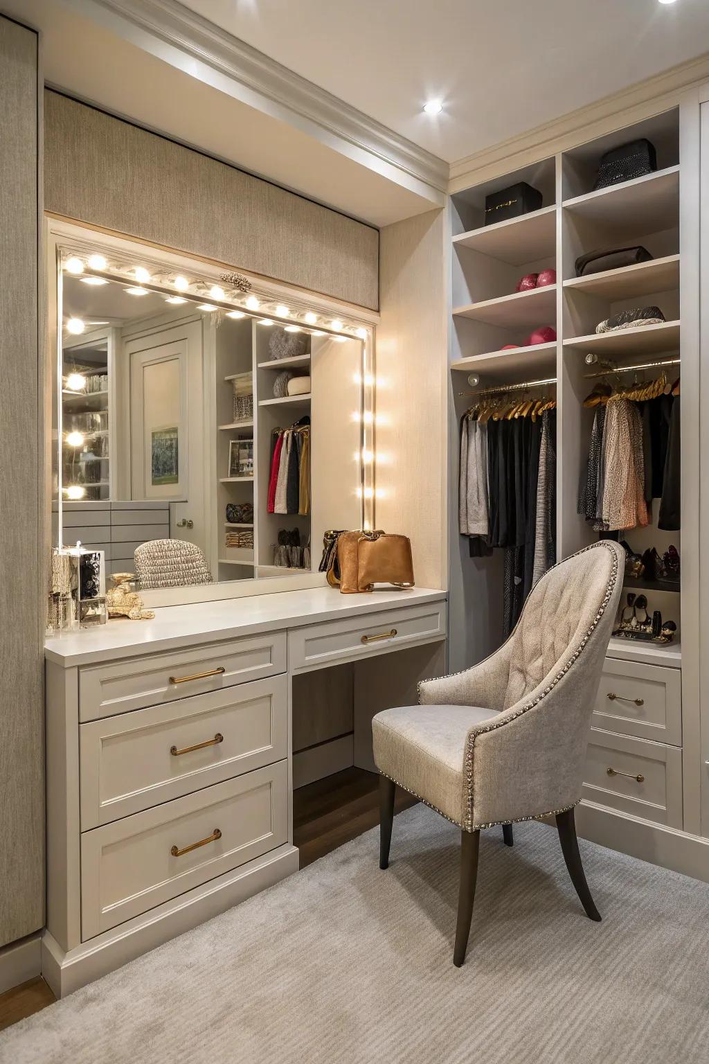 A built-in vanity adds luxury and practicality to your closet.