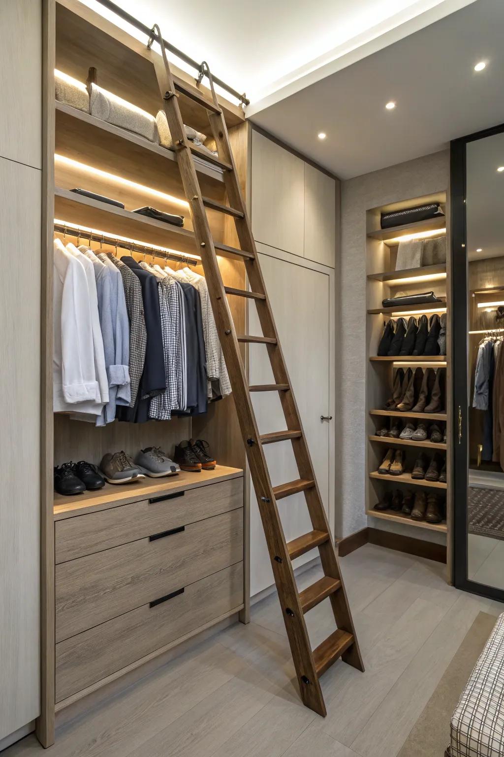 A ladder adds charm and functionality to reach high storage.