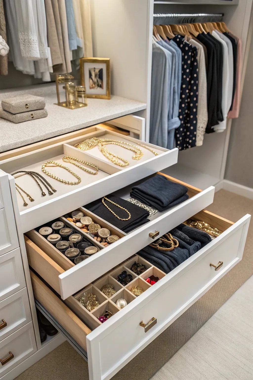 Pull-out drawers provide sleek storage for smaller items.
