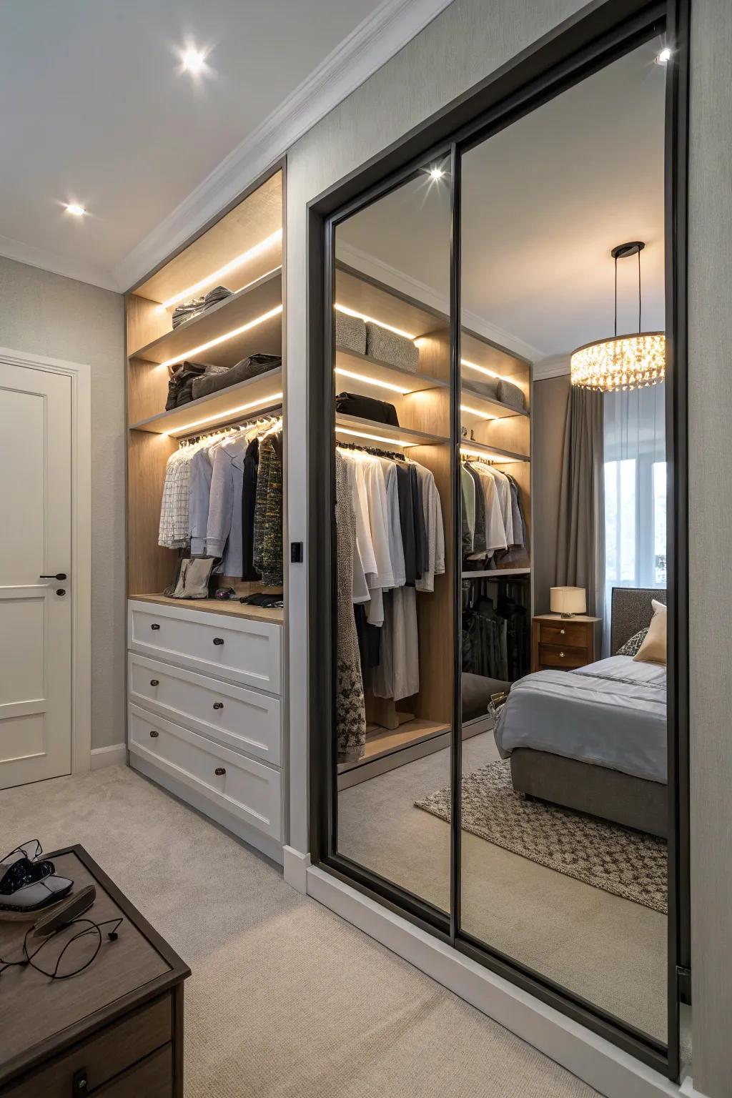Mirrors visually enlarge your closet and assist with outfit checks.